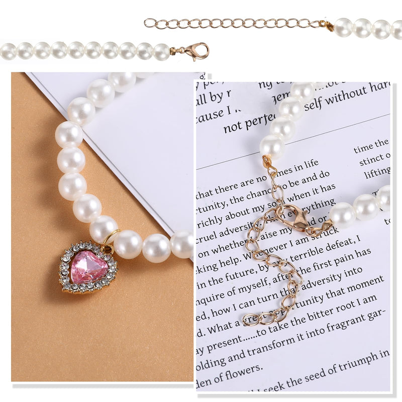 2 PCS Cat Dog Pearl Collar with Rhinestone Heart Pet Jewelry Small Heart Shape Rhinestone Pet Necklace, Adjustable Birthday Wedding Collar for Puppy Small Cats- White & Pink - BeesActive Australia