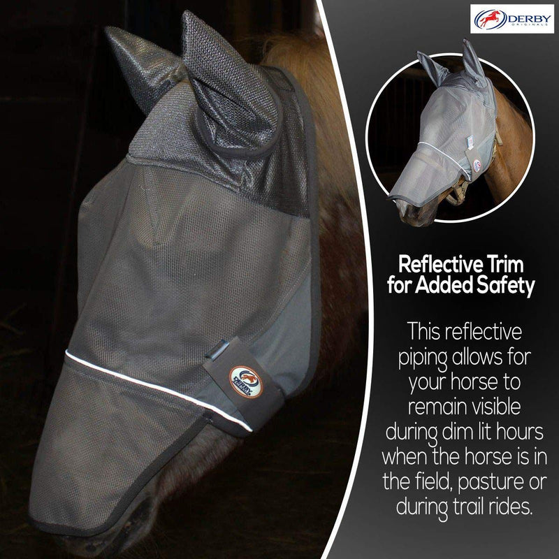 Derby Originals Reflective Fly Mask with One Year Warranty - with Ears and Nose Cover X-Large (Oversized/Warmblood) Grey - BeesActive Australia