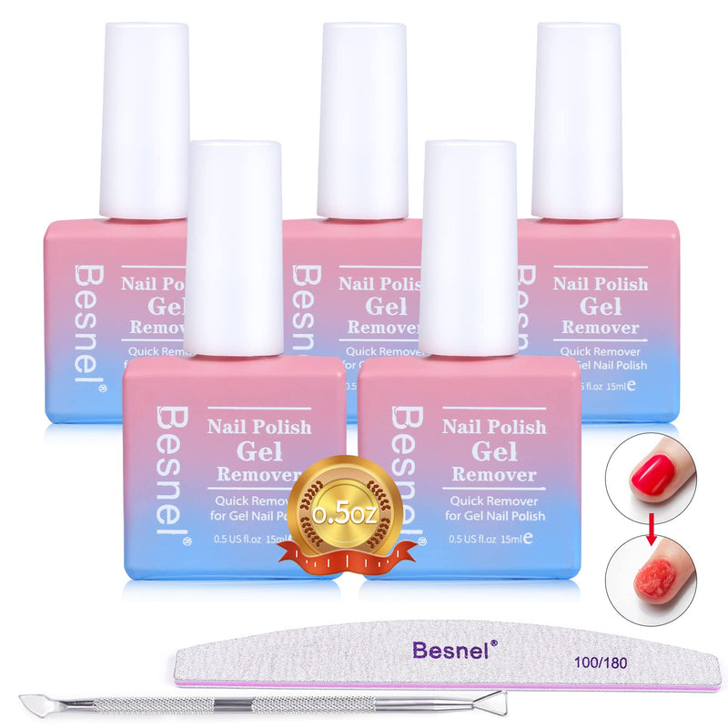 Gel Nail Polish Remover 5 Pack Professional Gel Polish Remover Non-Irritating Quick Easy,Nail Polish Gel Remover Tools Kit Nail File Cuticle Pusher Nail File Grit, No Need For Foil Soaking Or Wrapping 7 Piece Set