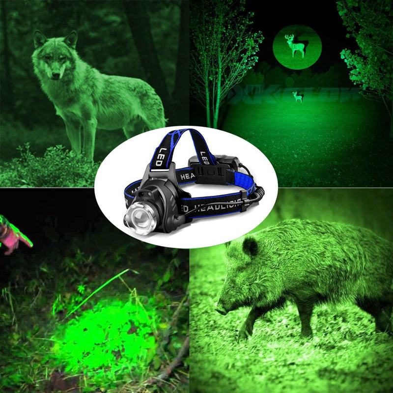 Green LED Headlamp Rechargeable Motion Sensor Super Bright Hunting Headlamps Waterproof Headlamp Flashlight Zoomable 3 Modes Headlight for Hunting Fishing Running