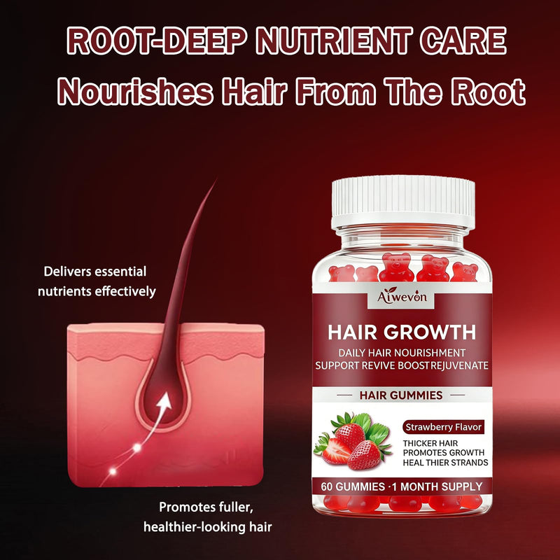 Hair Growth Gummies for Women & Men, Biotin & Silica Hair Vitamins, Daily Hair Nourishment Support for Thicker Looking Hair, Hair Skin and Nails Gummies, Non-GMO, Strawberry Flavor, 60 Gummies