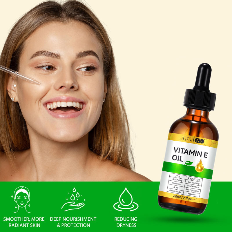 Vitamin E Oil 2 pack - 100% Pure Vitamin E Oil for Skin, Face, Hair, Body - Natural Antioxidant for Dryness, Wrinkles, Scars & Stretch Marks, Deep Hydration for Soft, Glowing Skin 2 Fl Oz (Pack of 2)