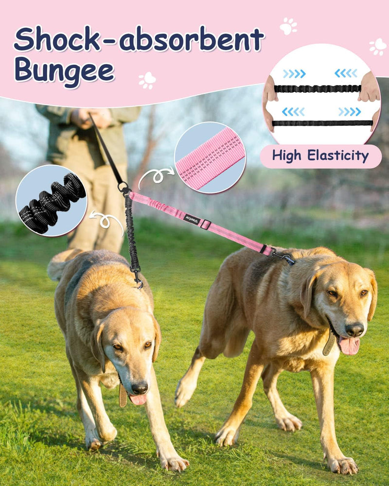 Vastar Pet Double Dog Leash, Tangle Free Bungee Dog Leash Coupler, 360° Swivel Double Dog Walking & Training Leash, Adjustable Strap, Comfortable Shock Absorbing Reflective Bungee Lead for Two Dogs Black+Pink - BeesActive Australia