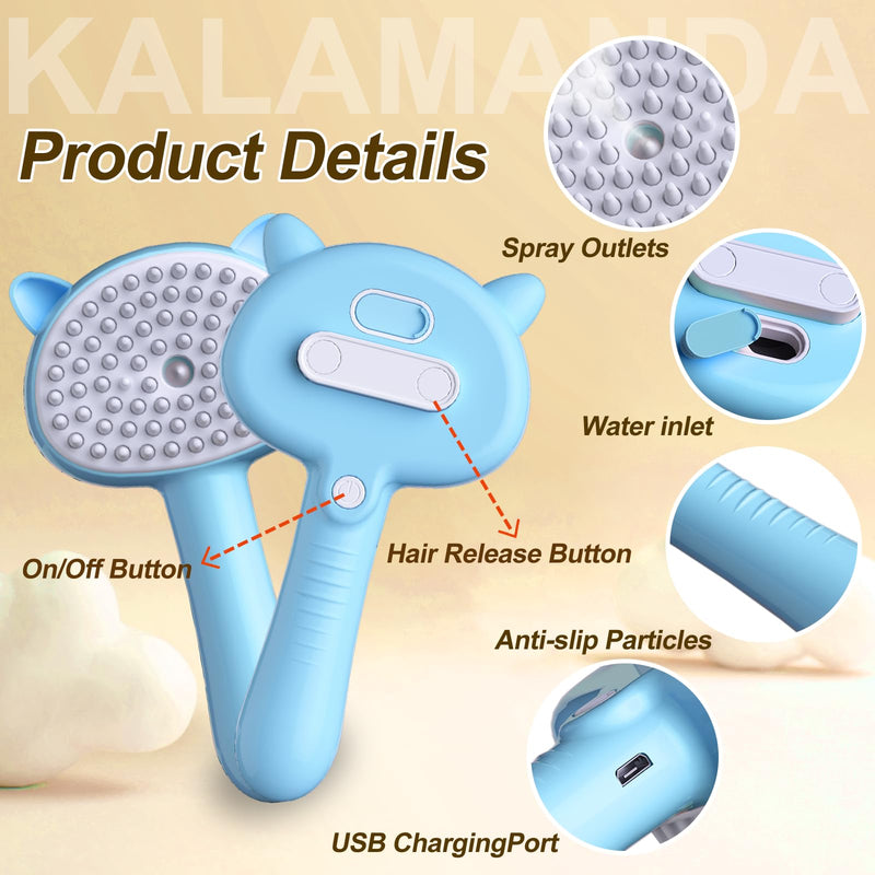 Cat Steam Brush, 4 in 1 Steamy Cat Brush with Handle, Rubber Pet Misting Brush with Release Button, Spary Dog Comb with Cleanser for Indoor Kittens Small Animals(Blue) Blue - BeesActive Australia