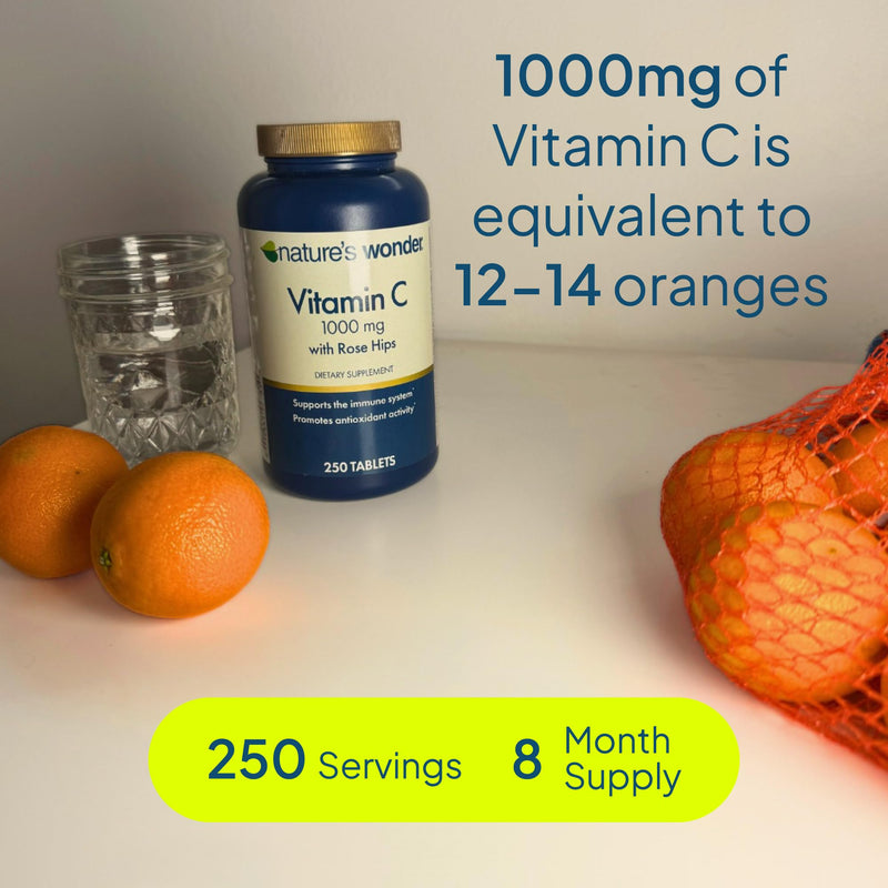 Nature's Wonder Vitamin C 1000mg with Rose Hips, High-Potency, 250 Tablets | Daily Immune & Antioxidant Support Supplement for Heart & Skin Health, Mood & Workout Recovery, Gluten-Free, 8 Month Supply