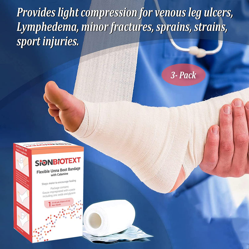 Unna Boot with Zinc and Calamine – 3” x 10 Yards Flexible Compression Bandage – Moist Healing Environment – Ideal for Venous Leg Ulcers, Lymphedema, Sprains, and Skin Grafts – Pack of 3 3" Zinc and Calamine