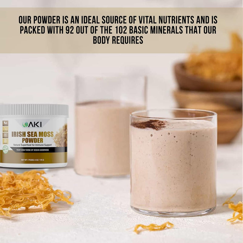 AKI Irish Sea Moss Powder - Rich in 92 Essential Minerals & Vitamins, Including Iodine, Potassium & Magnesium - Ideal for Smoothies & Juices - 100% Vegan, Non-GMO & Supports Wellness (6 Oz/170g)