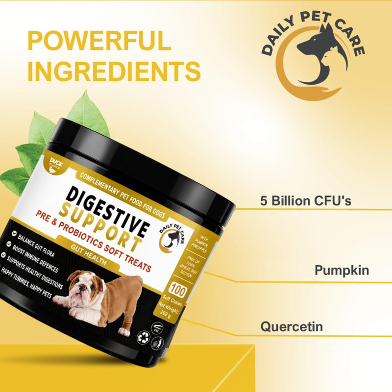Probiotics for Dogs – Dog Probiotic Soft Chews Duck Flavour with 5 Billion CFU Pre & Probiotics – Daily Digestive & Gut Support Supplement for Dogs – Pumpkin & Linseed Oil – 100 Chews