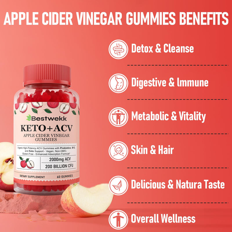 Apple Cider Vinegar Gummies, 120 ACV Gummies - Detox, Digestion, Gut Health | Max Strength 2000mg Keto ACV Gummy with Probiotics, B12 and Keto Support, For Digestion, Metabolism, Gelatin-Free 60 Count (Pack of 2)