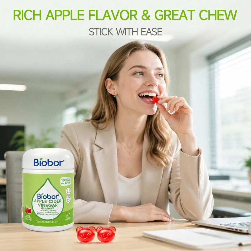 Biobor Apple Cider Vinegar Gummies 1000 mg with Vitamin B12, ACV Gummies for Women Support The Metabolism of Fats and Carbohydrates, Vegan, GMO Free, Gluten Free (60 Count) 60 Count (Pack of 1)