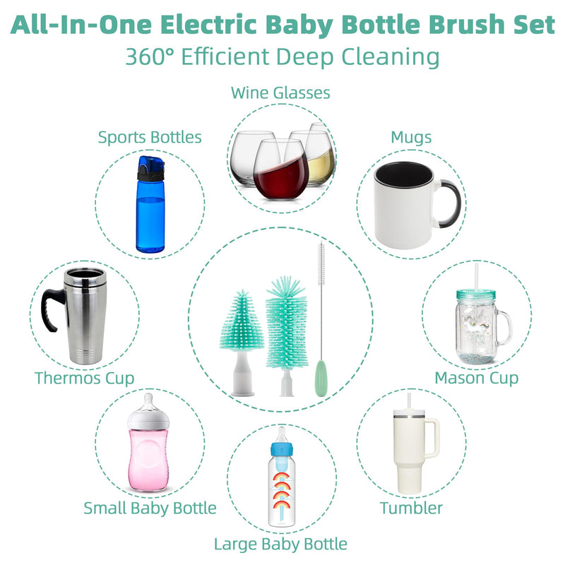 Electric Bottle Brush Cleaner, Rechargable Electric Baby Bottle Brush for Travel, Waterproof Electric Bottle Cleaner Set with Nipple & Straw Brush, Perfect Essentials Gift for Mom After Birth, Green - BeesActive Australia