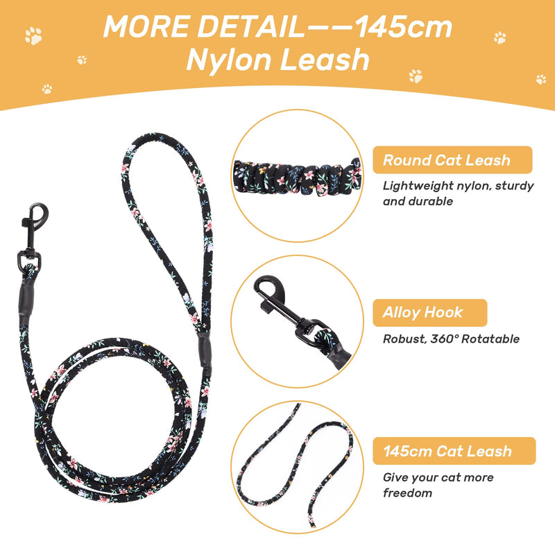 PETTOM floral pattern cat harness with leash cat leash with harness for cats with round lanyard escape-proof adjustable chest strap suitable for small and medium cats M black - BeesActive Australia