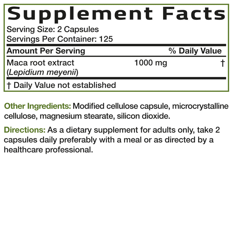 Bronson Maca Root Extra Lepidium Meyenii, Non-GMO, 250 Vegetarian Capsules Unflavoured 250 Count (Pack of 1)
