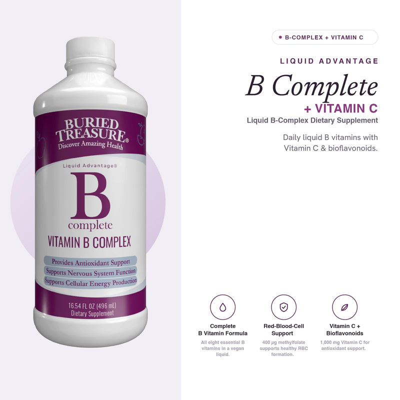 Buried Treasure B Complete - 16 Fl oz, All 8 B Vitamins with Methylated B12 & Methylfolate, Biotin, B1, B2, B6, Antioxidant Support, Liquid & Sugar-Free, B complex vitamins for Women & Men.