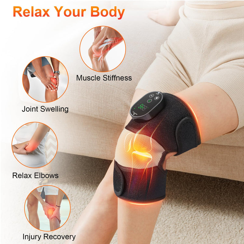 Cordless Heated Knee Massager, FSA Eligible 3-in-1 Electric Massager with Heating Pad for Elbow Shoulder Wrap with 3 Vibration & 6 Heating Modes Black White 1 Pack