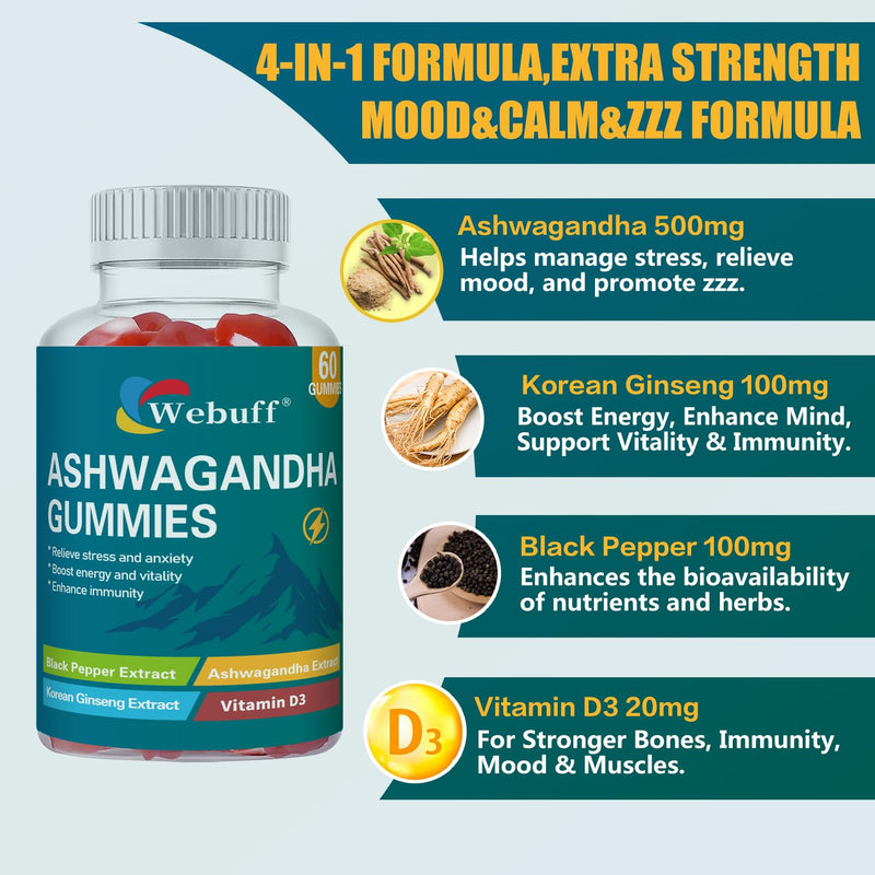 Ashwagandha Gummies with L-Theanine & Black Pepper Extract for Daily Stress Relief, Mood Support & Mental Clarity, Non-GMO, Gluten-Free, 60 Count per Bottle, Pack of 2, 120 Total Gummies 60 Count (Pack of 2)
