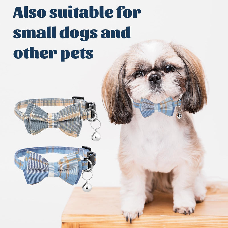 2 PCS Bow Tie Cat Collar with Bells Cat Collar Breakaway Cute Bowtie Plaid Cat Collar with Cat Buckle Soft Adjustable Kitten Accessories for Indoor Cats Puppy and Small Pets Blue and White Plaid - BeesActive Australia