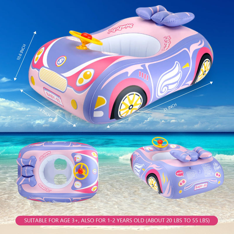 Baby Pool Float with 3D Car Design, PVC Baby Swim Float, Toddler Pool Float, Swimming Floats Seat Boat Pool Toys with Steering Wheel for 12-18, 12-24 Months, Age 2-3, 3+ Years Girl Boy Pink
