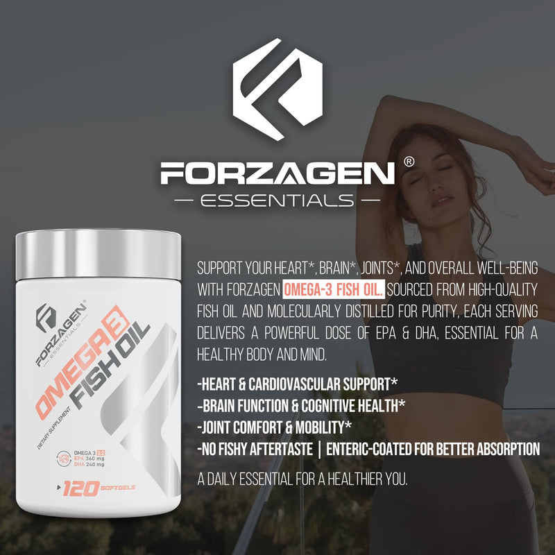 Forzagen Essentials Omega 3 Fish Oil Supplement, 120 Softgels, EPA 360mg DHA 240mg, Vitamin E, Daily Dietary Support