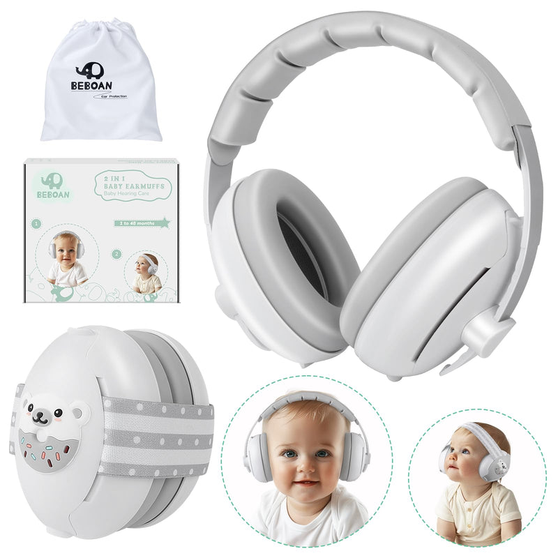 BEBOAN 2-in-1 Baby Ear Muffs Noise Protection for 0-36 Months, Noise Cancelling Headphones for Infant, Newborn Ear Protection for Airplane Travel, Toddler Sound Proof Grey