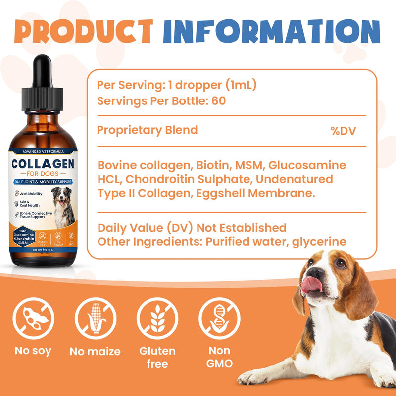 Collagen for Dogs,4.22oz (120ml) Liquid Collagen for Dogs,Enhances Joint Support,Flexibility,Cartilage and Mobility,Relieves Itching in Allergic,Liquid Drops Suitable for Cats and No Side Effects 2 Pack