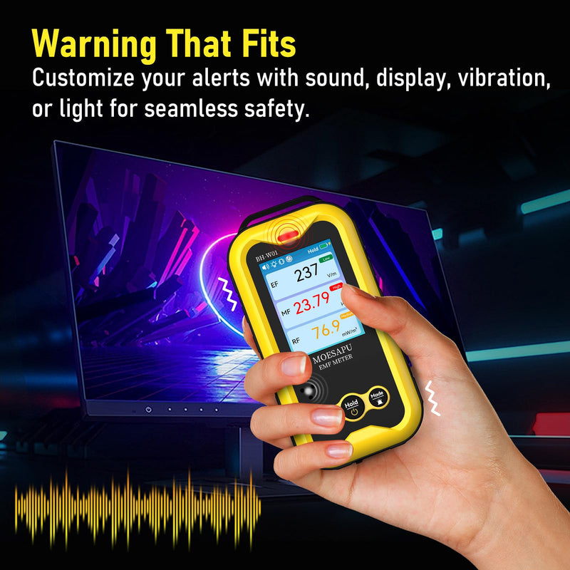 EMF Meter, 3-in-1 Electromagnetic Radiation Detector for EF MF RF Field, Electric Magnetic Radio Frequency Monitor, Portable Rechargeable Battery Reader for Microwave Ghost Hunting, BH-W01 Yellow - BeesActive Australia