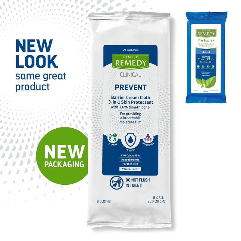 Medline Remedy Clinical 3-in-1 Barrier Cream Cloth, 8 count (1 Pack), 8 x 8 in Adult Wet Wipes, Vanilla Scent, Incontinent Care, Dimethicone, Irritated Skin, Soothing, Nourishing, Gentle 8 Count (1 Pack)