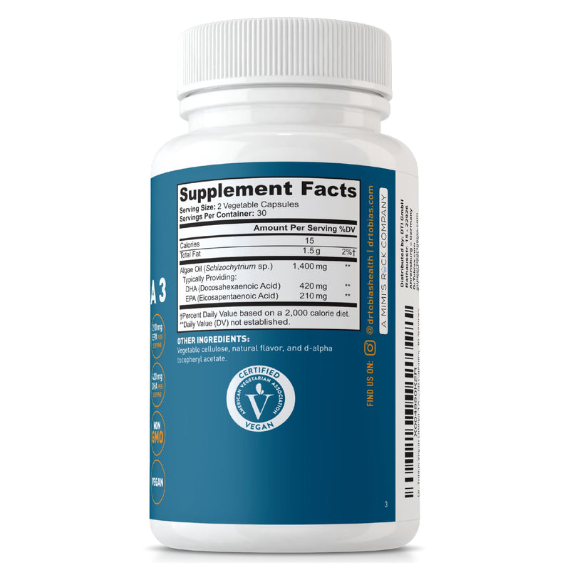 Dr. Tobias Vegan Omega 3 Supplement, 1400mg Algae Oil, 420mg DHA, and 210mg EPA per Serving, Non-GMO, Gluten-Free, Carrageenan-Free, 60 Capsules, 30 Servings (Pack of 2) 60 Count (Pack of 2)