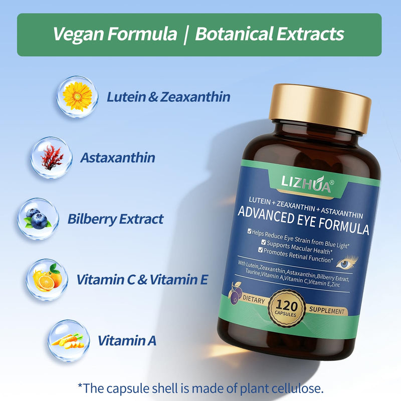 Lutein and Zeaxanthin Supplements, 40mg + 8mg, Astaxanthin, 120 Veggie Caps | 40mg Lutein + 8mg Zeaxanthin with Astaxanthin, Bilberry & Taurine; 120 veggie capsules, 60-day supply