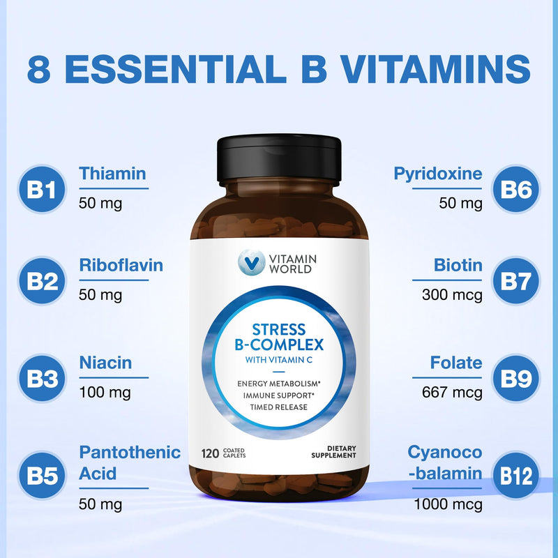 Vitamin World Stress Vitamin B Complex with Vitamin C, 120 Caplets | High-Potency Vitamin B6, B12, Niacin, Folate & Biotin for Stress, Energy, Metabolism & Immune Support, Non-GMO 120 Count (Pack of 1)