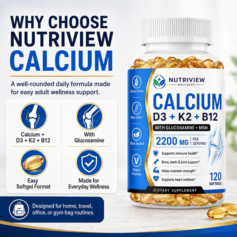 Nutriview Calcio D3 K2 B12 Softgels, 2200mg Calcium Supplement with Vitamin K2, D3, B12, Glucosamine &Chondroitin, Bone, Teeth & Muscle Function Support, Non-GMO, 120 Softgels