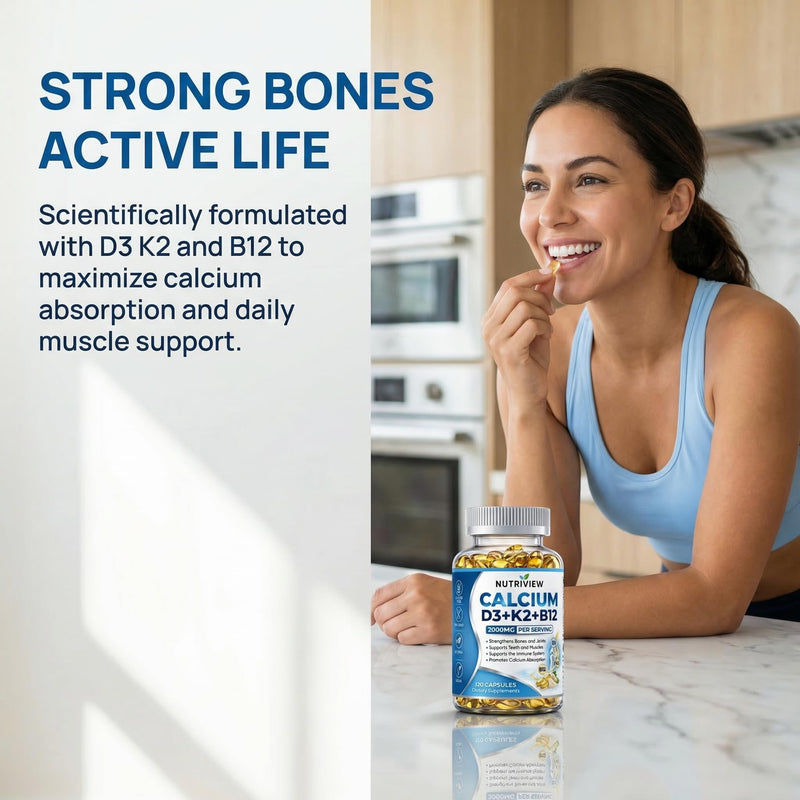 Nutriview Calcium D3 + K2 + B12 Softgels, 2000mg Suplemento De Calcio, Glucosamina + Condroitin Added, Strengthen Bones and Teeth, Boost Energy, Vegen, Non-GMO, 120 Capsules (1) 1