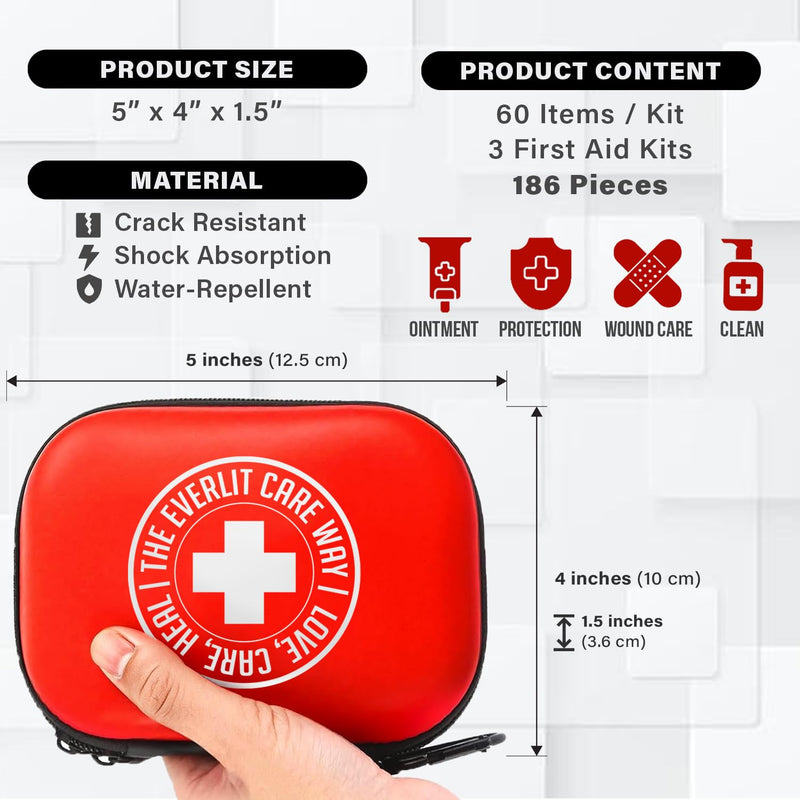 EVERLIT CARE Mini-Aid First Aid Kit | Compact & Lightweight Case with Carabiners for Travel | Family & Kid Friendly 180 Pcs Wound Care Supplies for School, Work, Outdoor, Home & Office | Pack of 3