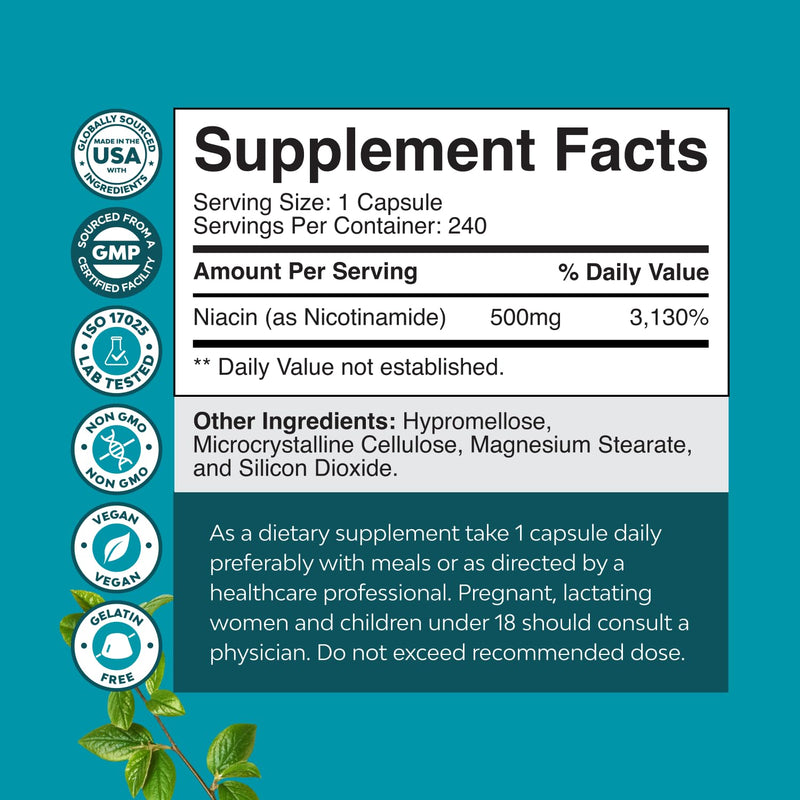 Nicotinamide 500mg Niacinamide 500mg Vitamin B3, Niacin Alternative - 240ct | Vitamin B3 as nicotinamide niacinamide supplement, 500mg per serving to support skin, cellular & metabolic health 240 Count (Pack of 1)