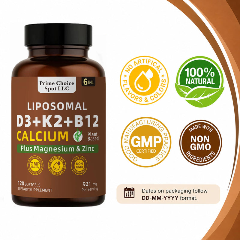 Vitamin D3 K2 B12 with Calcium Magnesium Zinc, 5000 IU, 120 Softgels | 6-in-1 bone & muscle support, High Potency D3 5000 IU, K2 MK7 for calcium absorption, Mobility & Energy, non-GMO, plant-based