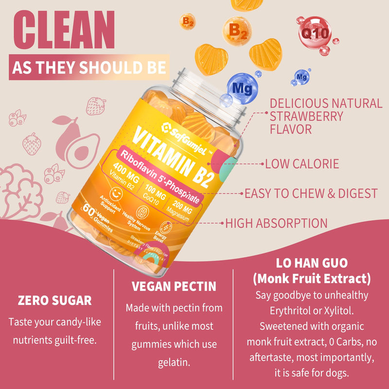 Vitamin B2 Gummies | Riboflavin 400mg with Magnesium & CoQ10 - 120 Cts | Sugar Free B2 Vitamin for Adults and Kids VIT B Supplement | Non GMO, Vegan, Strawberry Flavor 60 Count (Pack of 2)
