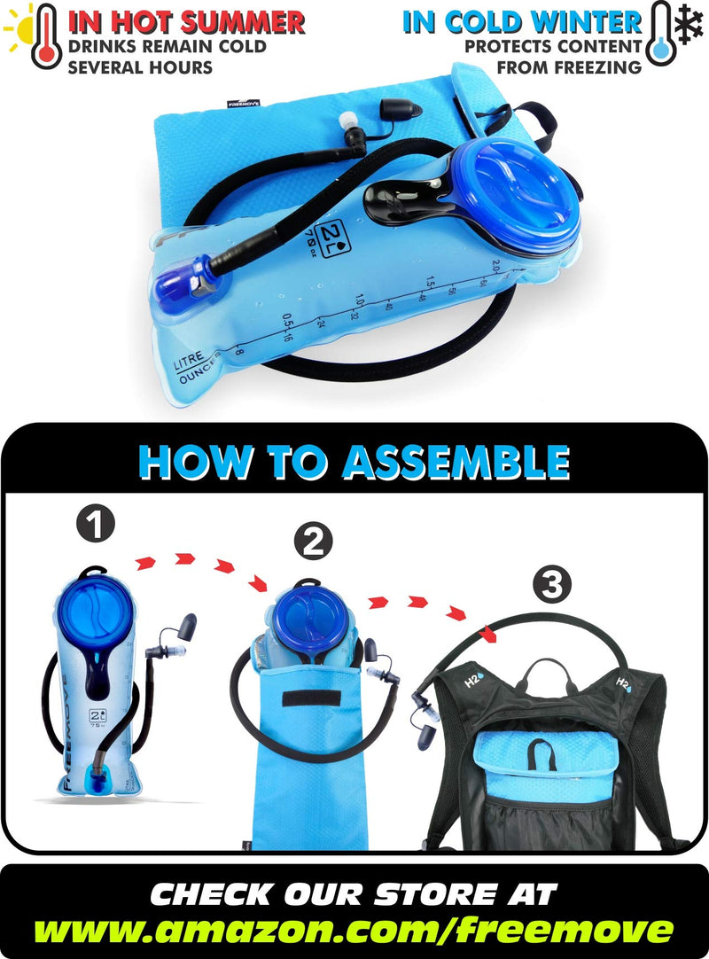 Hydration Pack with 2L or 3L Water Bladder & Cooler Bag > Keeps Drink Cool & Protects Bladders > Camelback Reservoir for Hydration Backpack, Tasteless & BPA Free, Quick Release Tube & Shutoff Valve 2L Blue