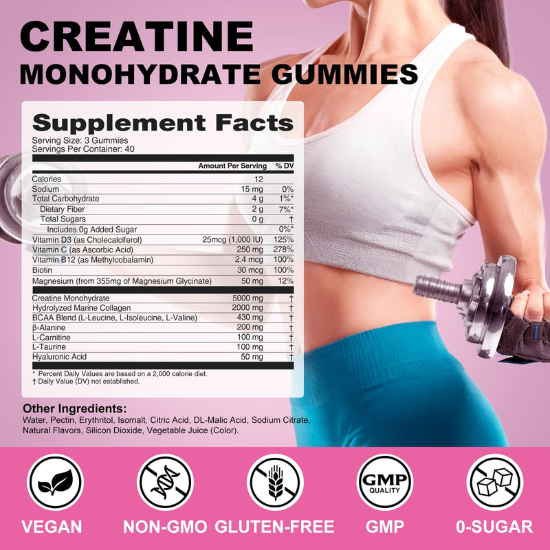 12 in 1 Creatine Gummies, 8500mg Strawberry Flavor Organic Creatine Monohydrate Gummies for Women & Men Sugar Free Nutritional Supplements with Collagen, BCAAs, Vitamin C & B12, 120 Count | 12 in 1 Complex 8500mg, Strawberry Flavor Sugar Free with Coll...