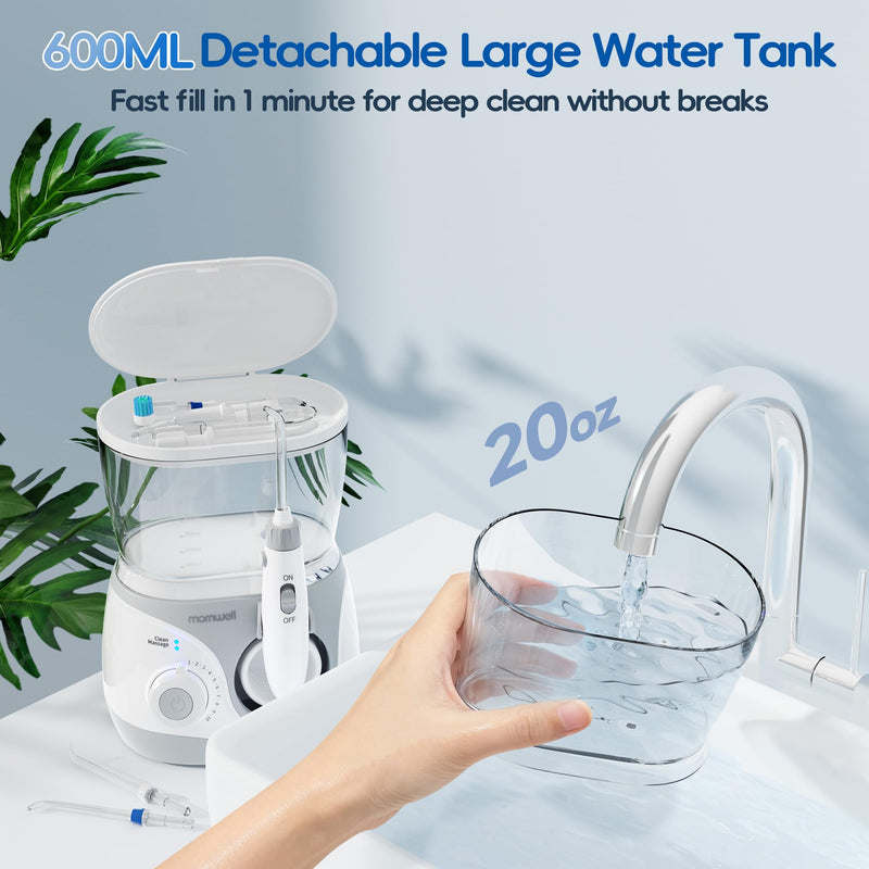 Mornwell Water Dental Flosser for Teeth, 2 Modes and 10 Adjustable Pressure Oral Irrigator for Braces, 8 Multi-Functional Tips for Family, Multiple Users, Home Use, White 600ML