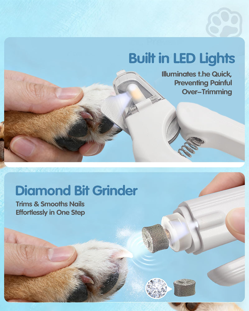 2-in-1 Dog Nail Clippers & Grinder with LED Light, Quiet Electric Pet Nail Trimmer for Large Medium Small Dogs Cats, Rechargeable Safety Guard for Black Nails, Painless Grooming Kit