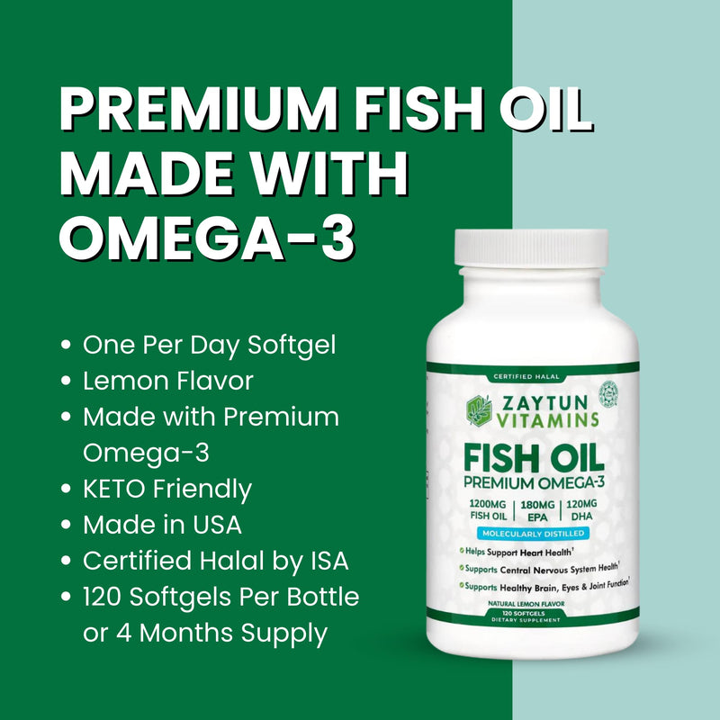 Zaytun Halal Fish Oil 1200mg Omega-3, Premium EPA/DHA, One Per Day, Daily Wellness Support, 4 Months Supply, Lemon Flavor, Keto Friendly, Gluten Free