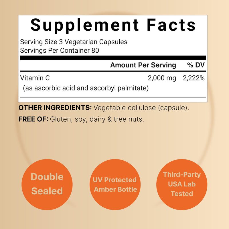 NatureBell Vitamin C 2000 mg Per Serving, 240 Vegetarian Capsules | Water & Fat Soluble Vitamin C for Daily Use (Ascorbic Acid & Ascorbyl Palmitate) | Non-GMO, Gluten Free