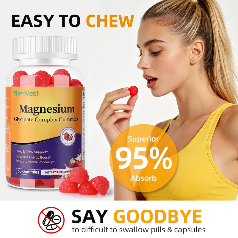 Magnesium Glycinate Gummies, 60 Count | Sugar Free Magnesium Glycinate, Citrate, Malate Blend Gummies for Adults with Vitamin C, B6, Zinc, Vegan