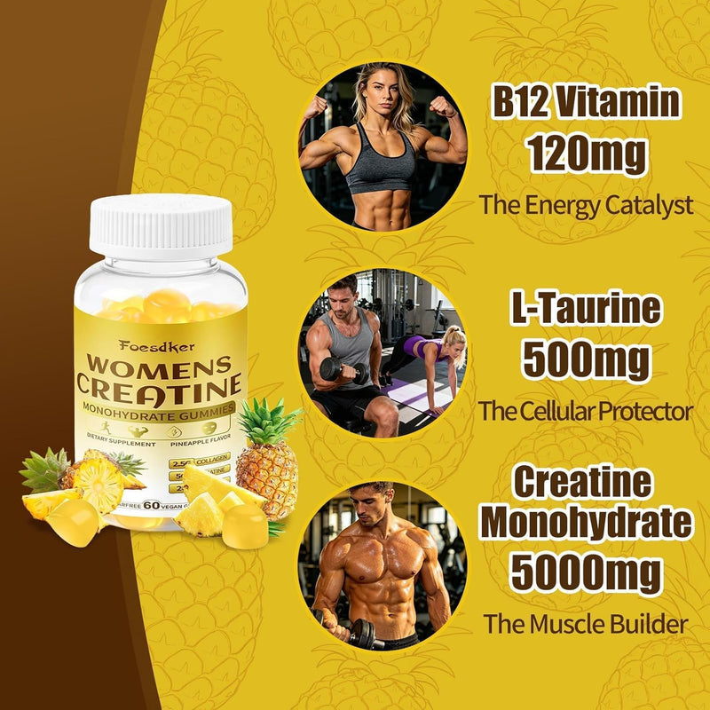 creatine Gummies for Women,Sugar Free,Pineapple Flavor | Creatine Monohydrate Gummies with Collagen,Vitamin D3 & Calcium for Muscles & Booty & Energy,