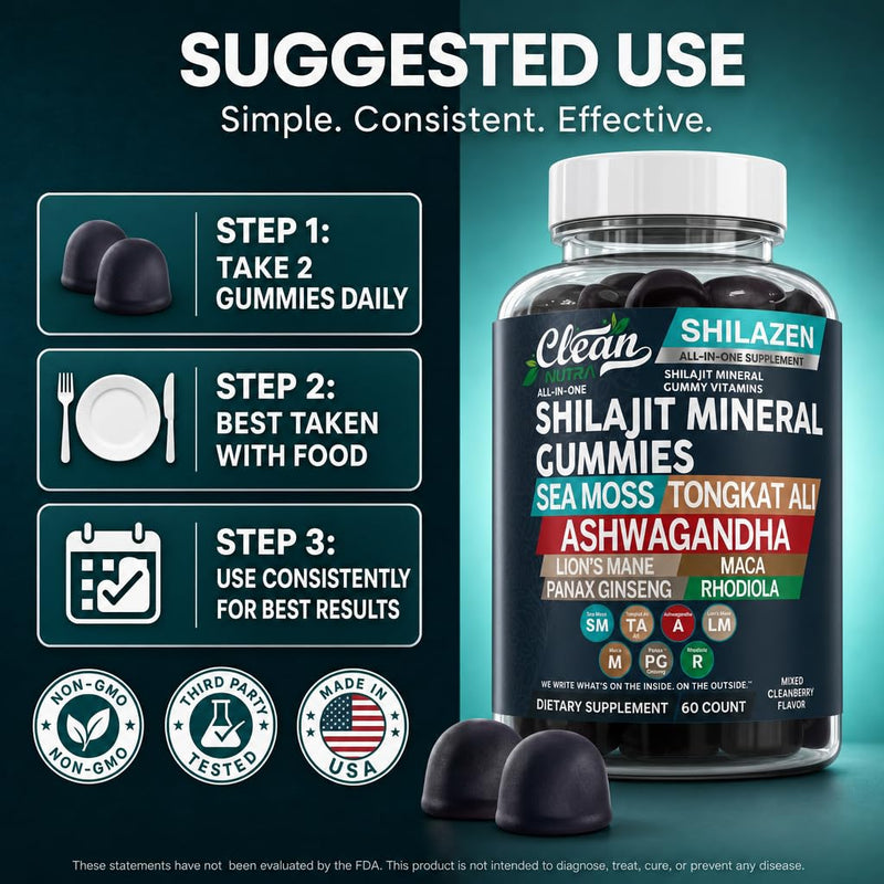 Alpha Glow Shilajit Gummies with Irish Sea Moss Tongkat Ali Ashwagandha Lion's Mane MACA Panax Ginseng Rhodiola & Cordyceps By Clean Nutra (1) 1