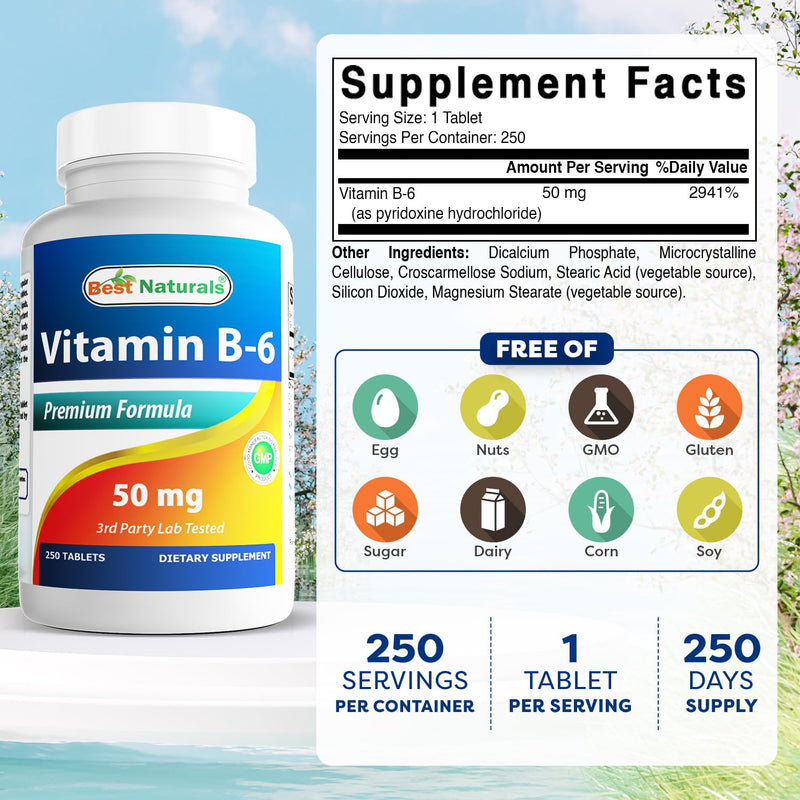 Best Naturals Vitamin B6 50 mg 250 Tablets