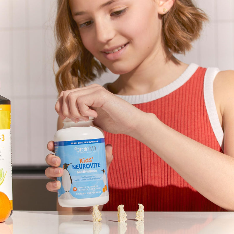 BrainMD Kids NeuroVite Multivitamin Chewables Orange, 120 Count | Penguin-shaped tablets with mineral blend, 60 servings, gluten free, daily nutritional support for healthy development