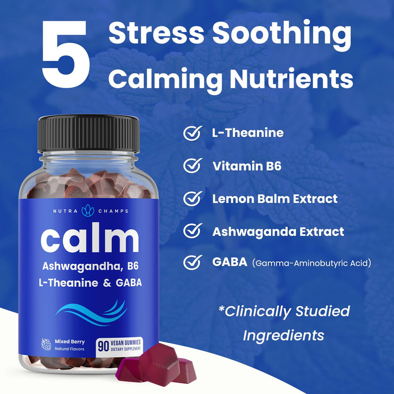 NutraChamps Calm Gummies, Stress Gummies Supplement with Ashwagandha, L-Theanine, GABA, Vitamin B6 & Lemon Balm, Supports Mood, Focus & Stress Relief, Natural Berry, 90 Gummies 90 Count (Pack of 1)