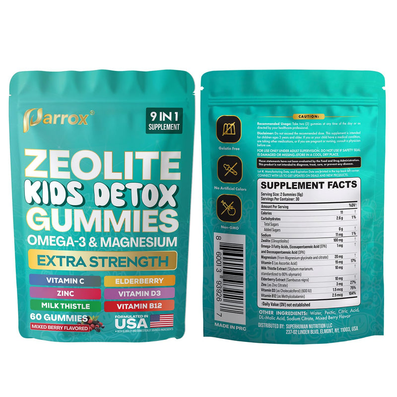 Zeolite Kids Detox Gummies, 9-in-1 Sugar-Free, Berry, 60 Gummies | Mixed Berry with Zeolite, Omega-3, Magnesium, Elderberry, Vitamin C, Milk Thistle, Vitamin D3, Zinc, B12 60 Count (Pack of 1)