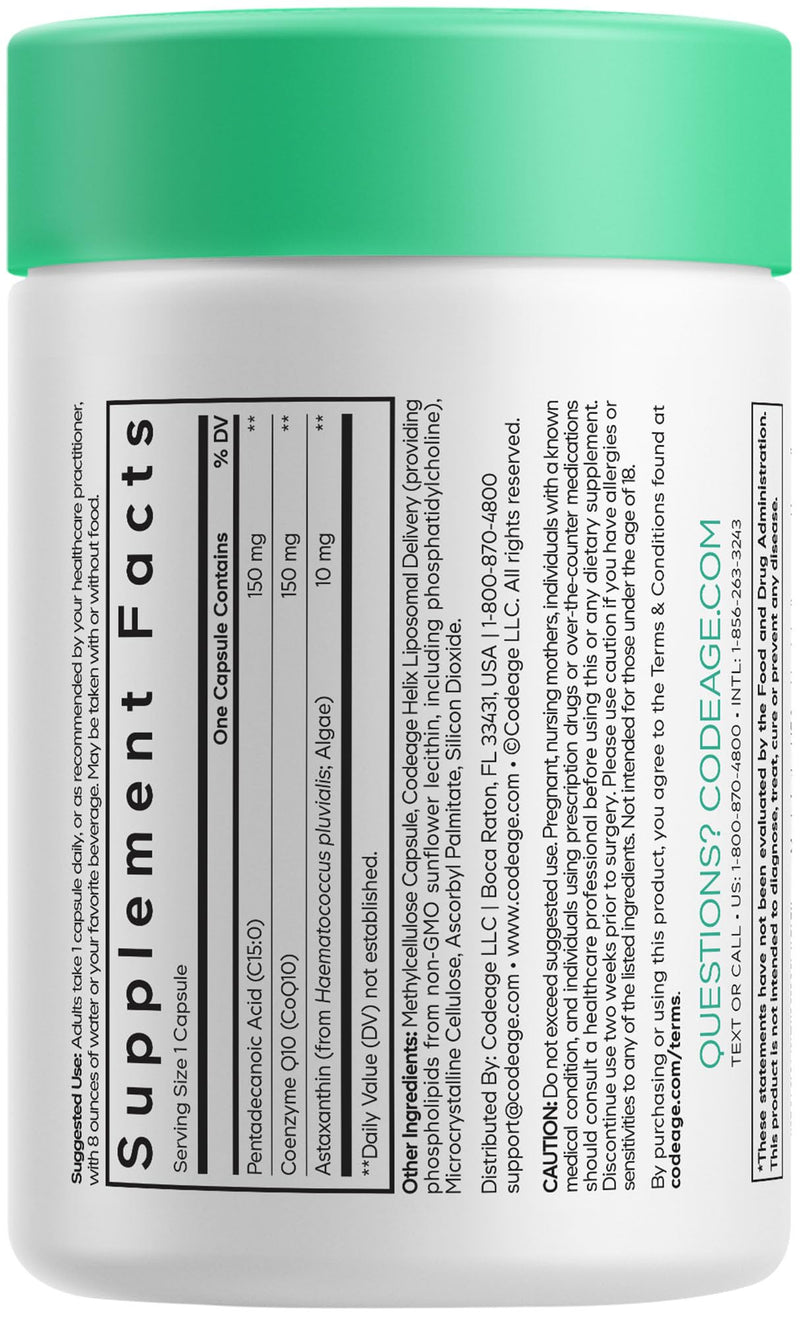 Codeage Liposomal C15:0, Pentadecanoic Acid, CoQ10, Astaxanthin, 30 ct | C15 fatty acid with CoQ10 & astaxanthin 10mg from algae. Liposomal delivery, non-GMO sunflower lecithin. Vegan. Non-GMO.